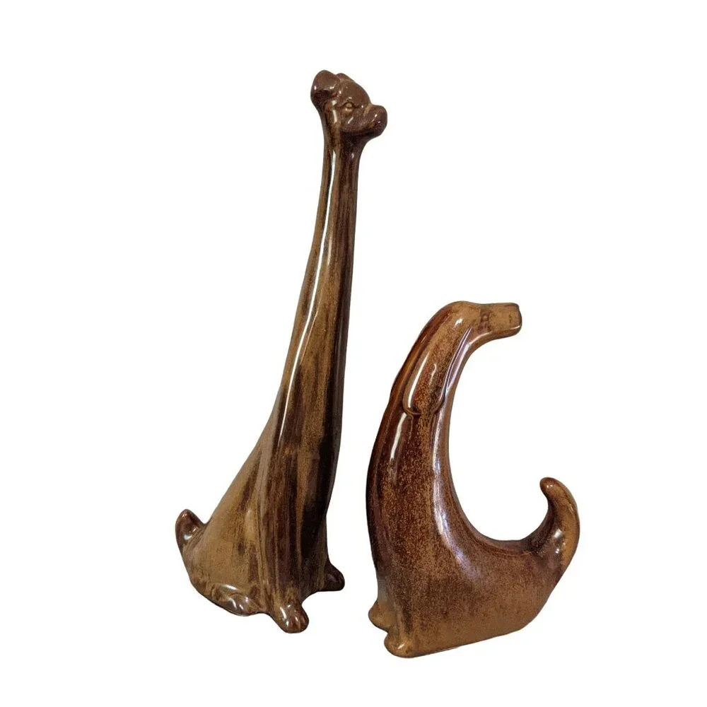 Vintage Mid Century Modern Ceramic Dog Pair Abstract‎ Long Neck Figurines Retro